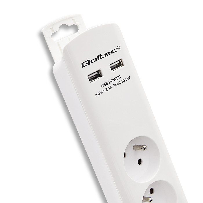 Qoltec Overspanningsbeveiliging | 4 stopcontacten| 2 x USB| 1.8m | Wit.