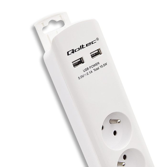 Qoltec Overspanningsbeveiliging | 8 stopcontacten | 2 x USB| 1.8m | Wit.