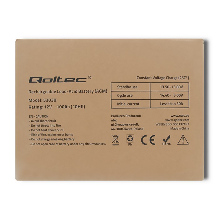 Qoltec AGM battery | 12V | 100Ah | max 1200A