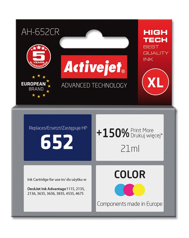 ActiveJet AH-652CR Inkt voor HP-printer; HP 652 F6V24AE vervanging; Premie; 21 ml; kleur.