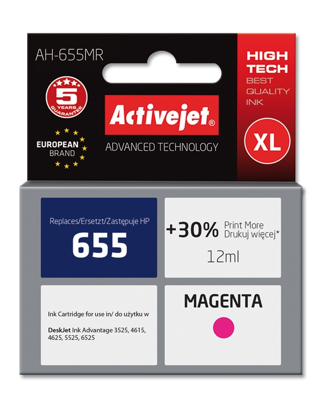 ActiveJet AH-655MR-inkt voor HP-printer; HP 655 CZ11AE vervanging; Premie; 12 ml; magenta.