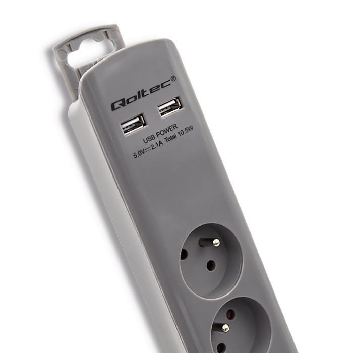 Qoltec Overspanningsbeveiliging | 6 stopcontacten | 2 x USB| 1.8m | Grijs.