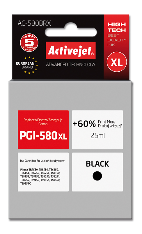 Activejet AC-580BRX inkt (ter vervanging van Canon PGI-580XL; Premium; 25 ml; zwart)