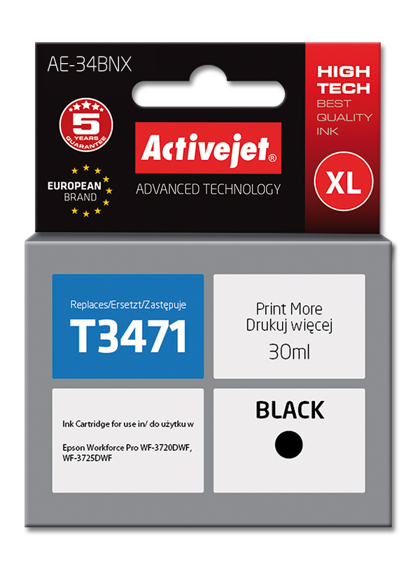 ActiveJet AE-34BNX-inkt voor Epson-printer, Epson 34XL T3471-vervanging; Opperste; 30 ml; zwart.