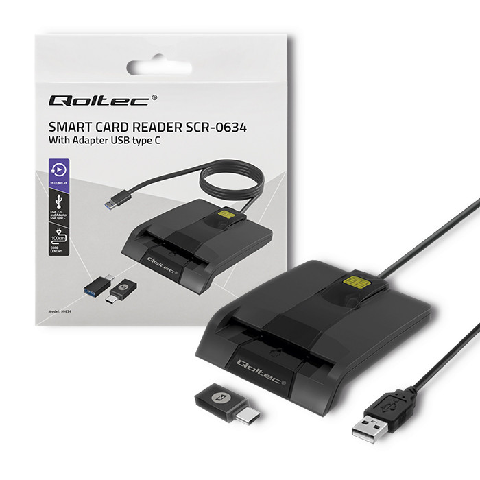 Qoltec Intelligent Smart ID chipkaartlezer SCR-0634 | USB-type C.