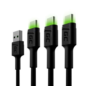 3 cavi GC Ray USB-C da 200 cm con illuminazione a LED verde, ricarica rapida Ultra Charge, QC 3.0