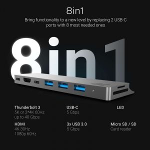 Adattatore HUB Connect60 8in1 (Thunderbolt 3, USB-C, HDMI, 3x USB 3.0) per Apple MacBook Air 2018, Pro 2016 e successivi