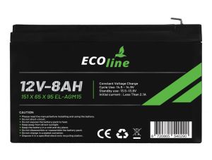 EcoLine - Batteria AGM 12V 8AH - 8000mAh VRLA - 151 x 65 x 95 - Batteria a ciclo profondo