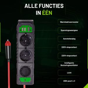 EcoLine - Omvormer 12V Naar 220V/230V - 200W stekkerdoos / stopcontact voor in de auto met 2x USB